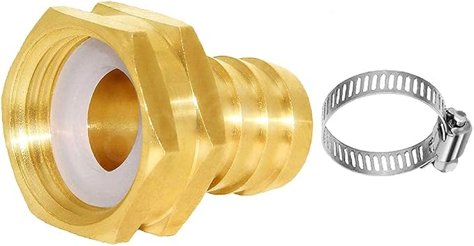 Joywayus 3/4" Barb x 3/4" GHT Female Hex Brass Garden Hose Repair Connector | Swivel, Water Pipe Connector, Copper Fitting, Stainless Clamp, House/Boat/Lawn/Power Wash/Irrigation