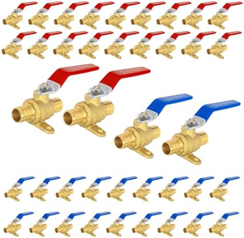 40-Pack Foskan Brass PEX Crimp Drop Ear Ball Valve, 3/4 Inch Full Port Shut-off Valve for Hot and Cold Water Distribution(Blue and Red)
