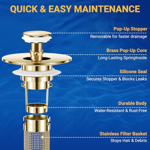 Bathroom Sink Drain Strainer, Pop-Up Bathroom Sink Stopper with Removable Stainless Steel Hair Catcher Basket, Universal Fit for US Bathroom Sinks, Showers & Floor Drains (1pcs-Gold)