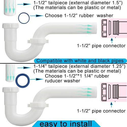 (1 Pack) Yariwiz White P Trap 1 1/2 Inch for Bathroom Kitchen Sink Drain Pipe Tubular Kit with Blue TPE Washer KSD-002W
