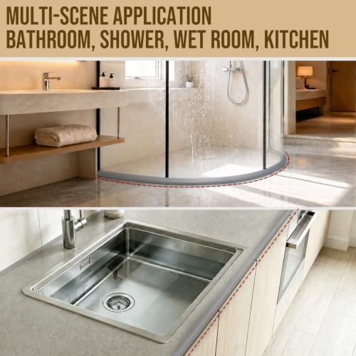 39in Shower Threshold Water Dam, Self-Adhesive Silicone Water Barrier for Wet/Dry Separation, Collapsible Seal Strip for Walk-In Showers, Bathtubs, Kitchen Sinks, Wheelchair Accessible Ramp Design