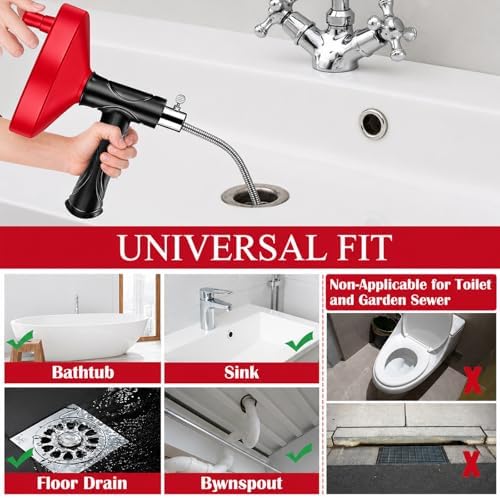 Drain Snake Auger, Plumbing Snake Drain Hair Clog Removal Tool, Heavy Duty Snake Auger, Sink Unclogger Drain Cleaner Tool for Bathroom Kitchen Tub Shower Drain Clog Remover with Gloves, Red（33 Feet ）