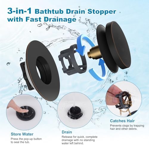 Hibbent 3 in 1 Metal Bathtub Drain Stopper, Universal Pop Up Tub Stopper