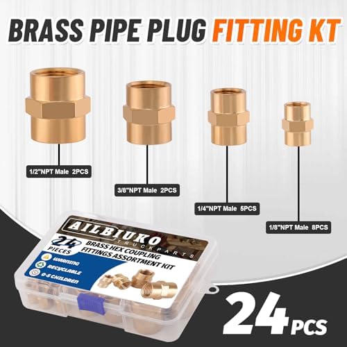 24Pcs Brass Pipe Fittings Hex Coupling Kit,1/8" 1/4" 3/8" 1/2" NPT