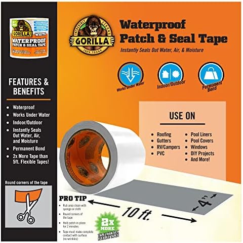 Gorilla Waterproof Patch & Seal Tape, White Tape, 4" x 10' - Permanent Weather Resistant Seal for Leaks and Repairs (Pack of 16)