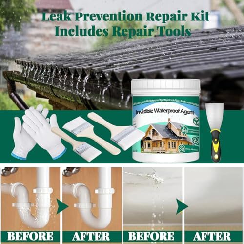 QUKLOGEN 1Kg/35.3Fl.oz Invisible Waterproof Agent Indoor&Outdoor Waterproof Coating Set Transparent Liquid Sealant with Wooden Brush Resistant Work Gloves Putty Shovel Cut