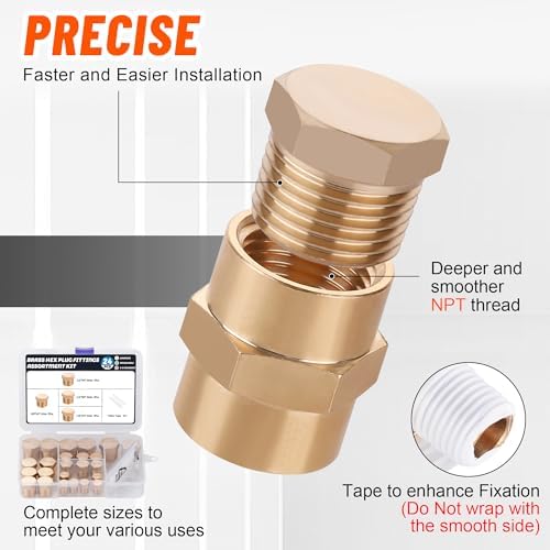 24PCS Brass Hex Pipe Plug Fittings,1/8" 1/4" 3/8" 1/2" NPT Male