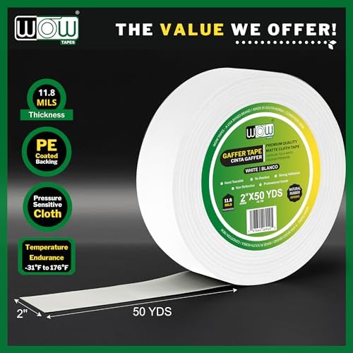 Wow Gaffers Tape 2 Inch White - 50 Yards (Pack of 6), Residue Free, Non-Reflective & Heavy-Duty - Professional Grade White Gaff Tape - Ideal for Photography Backdrop, Cables, Cords & Floor Taping