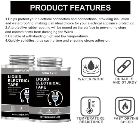 Liquid Electrical Tape 2-Pack, Black, 125ml Each, Waterproof, Fast Drying, High Temperature Resistant, Flexible Rubber Coating for Wires Cables Electrical Equipment, Anti-Corrosion Insulation Sealant