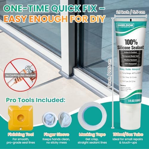 SHIELDOM Silicone Sealant Adhesive Silicone Caulk with Finishing Tool 100% Waterproof Seal Shrink & Crack Proof, Flexible, Strong Adhesion for Bathroom, Kitchen, Windows, Roof & Cars 150ML/5Oz (White)