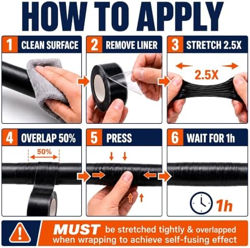 Self Fusing Silicone Tape (40 Ft Total) Plumbing Tape for Repaire Pipe | Flex Seal Tape, Black Rubber Tape Weatherproof for Electrical Cables/Drain Pipe, Heat Resistant 500°F