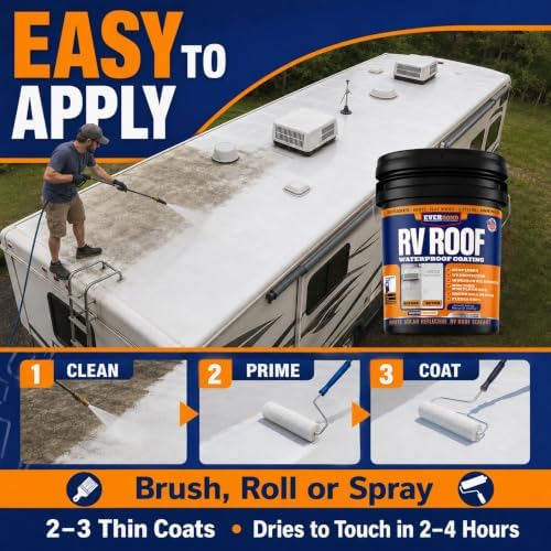 Everbond RV Roof Waterproof Sealant - Solar Reflective Weatherproof Coating for Trailers, Campers, Roof and Leak Repairs - Easy Application, Indoor & Outdoor Use - White, 4.75 Gallon Bucket