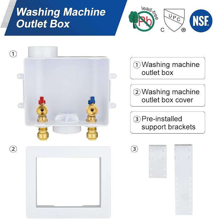 1 Piece EFIELD Push-FIT Washing Machine Outlet Box,Center Drain | 1/2"Push-fit Inlet x 3/4"MHT Outlet Washer Box-WM050(1)
