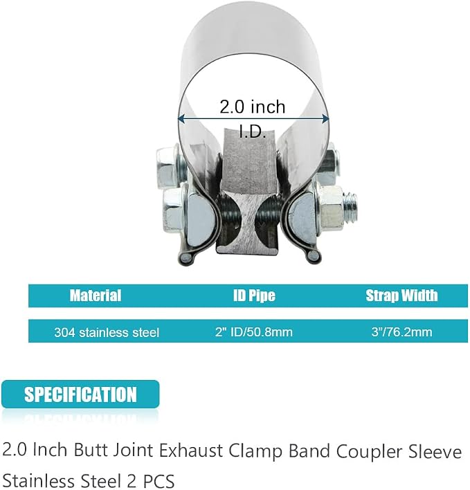 2" 2.0 Inch Exhaust Clamp Butt Joint Band Clamp Sleeve Coupler Stainless Steel 2.0 Inch for Exhaust Pipes, Mufflers and Catalytic Converters (1 PCS)