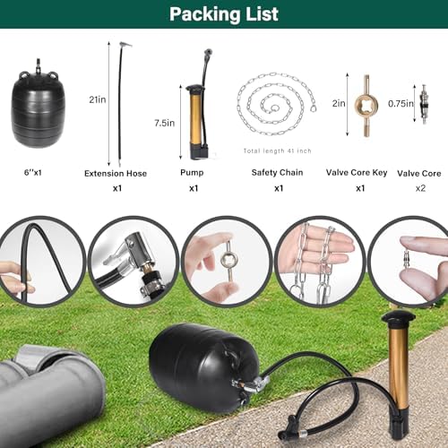 6 Inch Inflatable Pipe Plug Kit with Fast Air Pump & Extension Hose, Heavy Duty Rubber Sewer Test Ball with Safety Chain & Valve Tool for Drain Blocking & Leak Testing(Fits 5.8"-6.2" Pipes)