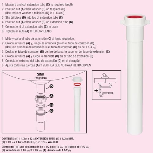 (1 Pack) Yariwiz White Sink Drain Extension Thread Pipe1 1/2 Inch x 12 inch Length for Kitchen Sink Drain Pipe Tubular KSD-005W