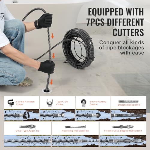 VEVOR Drain Cleaning Cable 66 FT x 5/8 Inch, Professional Sectional Drain Cleaner Cable with 7 Cutters for 0.8" to 3.9" Pipes for Hollow Core Sewer Cleaner Auger Sink, Toilet