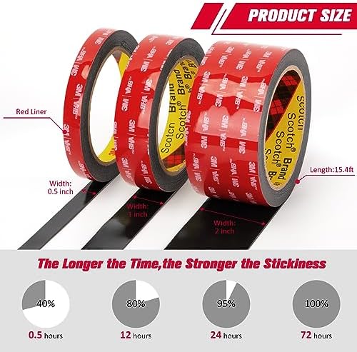 3M Double Sided Tape Heavy Duty 0.5" x 15.4 Ft 5925, Black Mounting Tape | Strong Foam Tape Strong Adhesive for Automotive Emblem Trim Décor Dashboard Home Office Indoor Outdoor, 0.025'' Thick