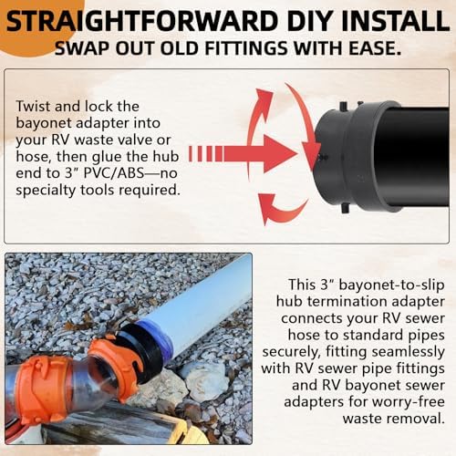 TonGass T1029-2 RV Sewer Termination Adapter with Thread Seal Tape | 3" Hub x 3" Bayonet RV Sewer Hose Termination Adapter, Camper Sewer Termination Adapter to 3" PVC