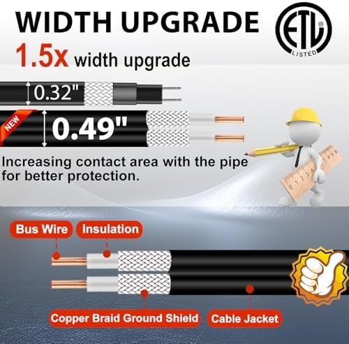 HEATIT ETL Certified 7W/ft Pipe Heating Cable with Thermostat 10 Feet | For metal & plastic water pipes, Straight-run installation, helps prevent frozen pipes during extreme winter conditions.