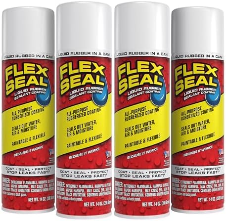 Flex Seal, 14 oz, 4-Pack, White, Stop Leaks Instantly, Waterproof Rubber Spray On Sealant Coating, Perfect for Gutters, Wood, RV, Campers, Roof Repair, Skylights, Windows, and More