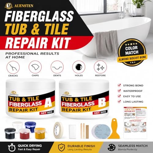 Bath Tub Repair Kit White,FiberglassTub and Shower Repair Kit for Porcelain Sink, Acrylic Bathtub, Tile and Toilet, Color Match Filler for Chips, Cracks, Dents, Holes, Almond Biscuit Bone (White)