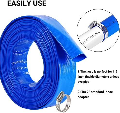 2" (Flat 3.4’’ width) x 100 FT Pool Backwash Hose Kit with Male NPT Adapter | Blue Reinforced Pool Drain Discharge Hose for Swimming Pool Filter Pump,with 2 Clamp and Thread Seal Tape