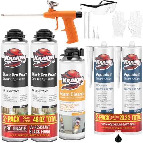 Kraken Bond Black Spray Waterfall Foam Sealant 2x24 oz & Aquarium Silicone Sealant 2x10.1 fl. oz – Bundle for Vivarium, Terrarium, Fountain & Aquascape Background, Foam Gun and Cleaner Included