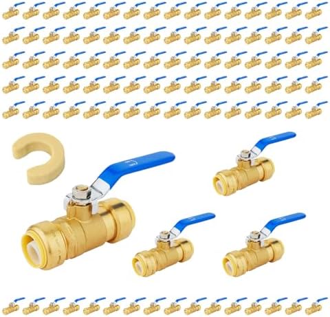 100-Pack Foskan Brass Push Fit Ball Valve with Disconnect Clip, 1/2" Push-to-Connect Full Port Shut-off Valve with Blue Handle for Hot and Cold Water Application