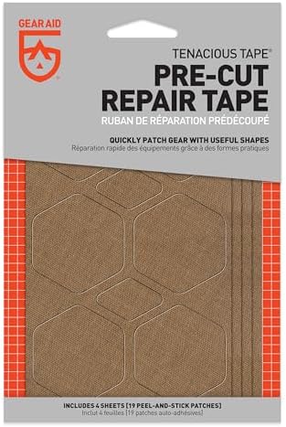 GEAR AID Tenacious Tape Repair Patches – Peel-and-Stick Nylon Gear Patches for Jackets, Tents, Sleeping Bags, Backpacks, and Outdoor Gear – Fix Rips, Tears, and Holes, 19 Various Sizes, Coyote