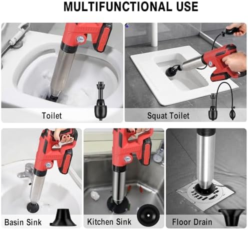 Electric Toilet Plunger，Drain Clog Remover Tools,High Pressure Air Toilet Plungers Heavy Duty Plunger For Toilet,Bathroom,Floor Drain,Sewer,Pipe，RED