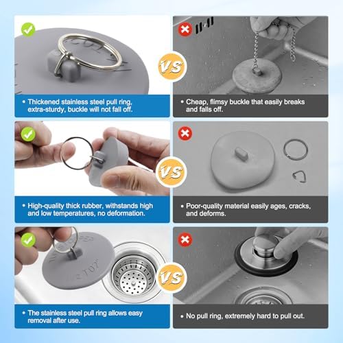 Hibbent 6 Pieces Drain Stopper, Rubber Kitchen Sink Drain Plug with Pull Ring for Bathtub, Kitchen, Bathroom and Laundry Sink in 6 Different Sizes, Grey