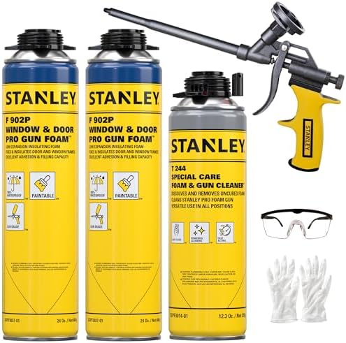 Stanley F902P Window & Door Pro Gun Sealant (2x24 Oz.) – Low Expansion Polyurethane Spray Foam Insulation for Window & Door, High-Yield Waterproof Gap Filler | Includes Gun & Cleaner | 24 Oz. 2 Pack