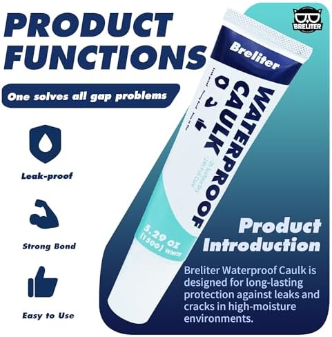 Breliter Waterproof Caulk - White, Hybrid Polymer Sealant for Bathtub, Shower, Sink, Window Repairs | Weatherproof, Strong Adhesive, Flexible, Paintable, Solvent-Free, Includes Spatula (5.29 oz)