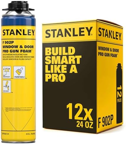 Stanley F902P Window & Door Pro Gun Sealant (12x24 Oz.) – Low Expansion Polyurethane Spray Foam Insulation for Window & Door, High-Yield Waterproof Gap Filler | Gun NOT Included | 24 Oz. 12 Pack