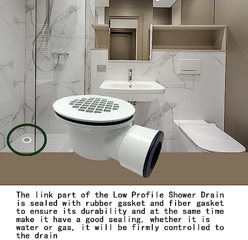 Low Profile Shower Drain Assembly with Perforated Strainer, 1.5" Side Outlet (Also Can Be Used as 2" Shower Drain by Removing Black Rubber Bushing)