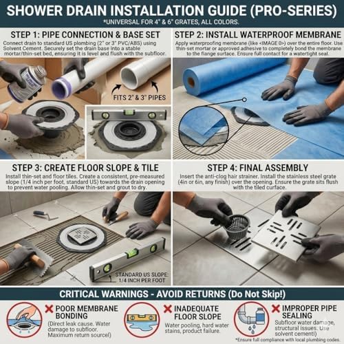 4-Inch Square Shower Drain Kit with Bonding Flange, Brushed Silver