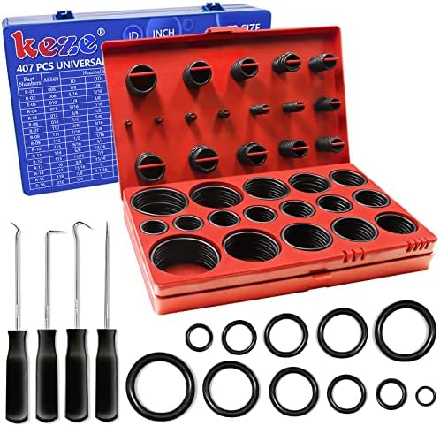 KEZE 826 Pcs Universal SAE and Metric O-Rings Kit,Standard 32 Metric & Inch Sizes O ring Assortment in 2 Box with 4 Piece Pick and Hook for Automotive Faucet Hydraulics Hose Air and Gas Sealing Repair
