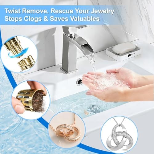 (All Metal) Bathroom Sink Stopper, Pop Up Drain Strainer for Bathroom Sink, Sink Plug Hair Catcher, Silent Popper Core w/Removable Filter Basket,Fit 1.05~2.0''Basin (Gold, 1 Pack)