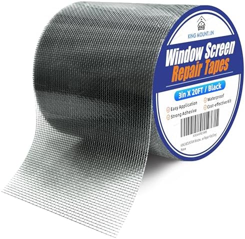 KING MOUNTAIN Black Window Screen Repair Tape,3inX20FT Heavy Duty Screen Repair Kit for Window Screen and Screen Door Tears Holes,Strong Adhesive & Waterproof Window Screen Patch