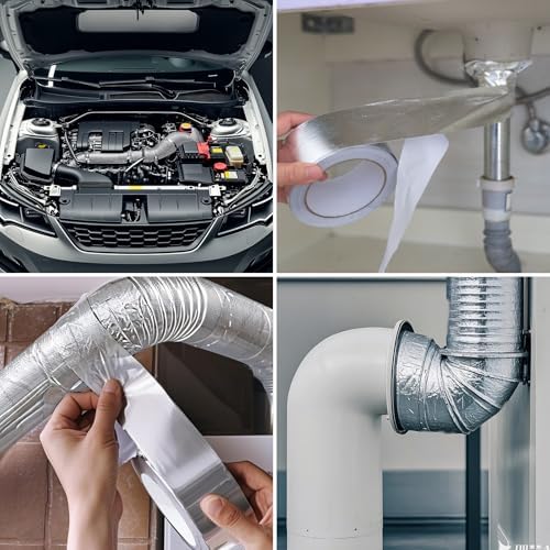Aluminum Foil Heat Shield Tape, Silver Self-Adhesive Reflective Heat Resistant Thermal Foil Tape, Fiberglass Heat Shielding Cool Tapes for Hose and Auto Use
