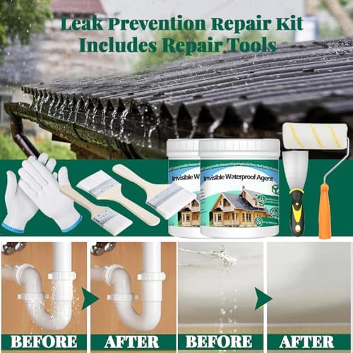 2Kg/70.5Fl.oz Invisible Waterproof Agent Indoor&Outdoor Waterproof Coating Set Transparent Liquid Sealant with Wooden Brush Resistant Work Gloves Putty Knife Cut Paint Roller