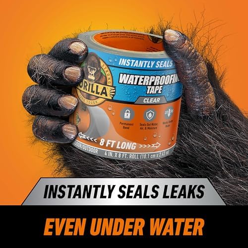 GORILLA Waterproofing Tape, Permanent Seal, Clear, 4" x 8', 2-Pack