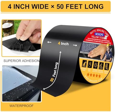 Yellow Titan RV Roof Sealant Tape Black 4 in x 50 ft Waterproof Tape | Camper Roof Sealant Tape,RV Roof Patch,RV Roof Repair Tape,Butyl Tape,40mil/1.0mm,Temp:-40°F–212°F,DualSeal Ultra-Bond Tech