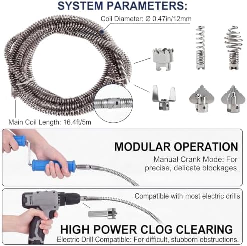 Drain Snake Hair Clog Remover Tool Set, Drain Auger with Drill Attachment