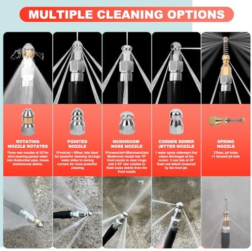 Sewer Jetter Kit for Pressure Washer,Water Jet Drain Cleaning Hose with Corner Rotating Button Spring Nose 1/4" NPT Sewer Cleaning Tool High-Pressure Nozzles,5800 PSI 100 FT