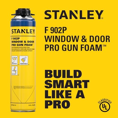 Stanley F902P Window & Door Pro Gun Sealant (12x24 Oz.) – Low Expansion Polyurethane Spray Foam Insulation for Window & Door, High-Yield Waterproof Gap Filler | Includes Gun & Cleaner | 24 Oz. 12 Pack