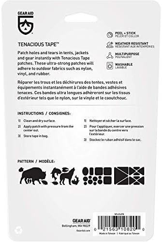GEAR AID Tenacious Tape Gear Patches for Jacket Repair, Black Nylon, Wildlife, 3" x 20", 2 Pack