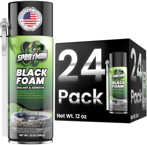 Sprayman Black Waterfall Foam Sealant - (24x12oz) Expanding Polyurethane Pond Foam Sealer, UV Resistant, Water Proof Spray for Landscape & Exterior, Straw Use, 24 Pack