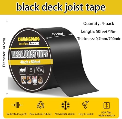 Black Joist Tape for Decking,0.7mmx4inx50ft,4-Pack,Anti-Corrosion,Weather-Resistant Butyl,Flashing Tape for Deck,Joist,Roofs Beams,RV,Doors,and Fences,Waterproof Butyl sealant Joist Tapes
